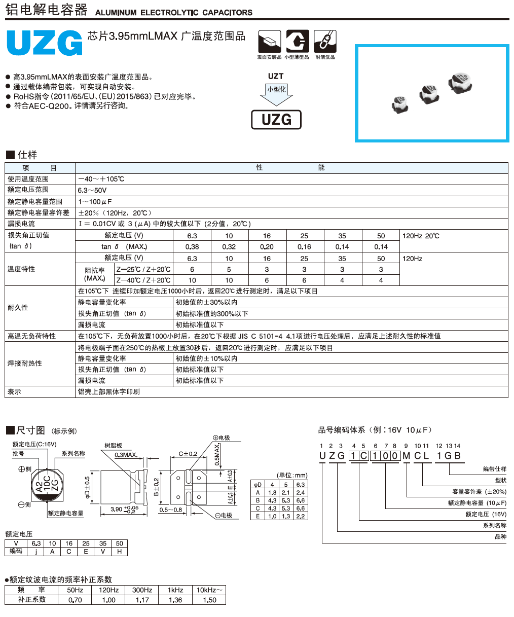 UZG超小型铝电解电容代码解说图 UZG超小型铝电解电容代码解说图